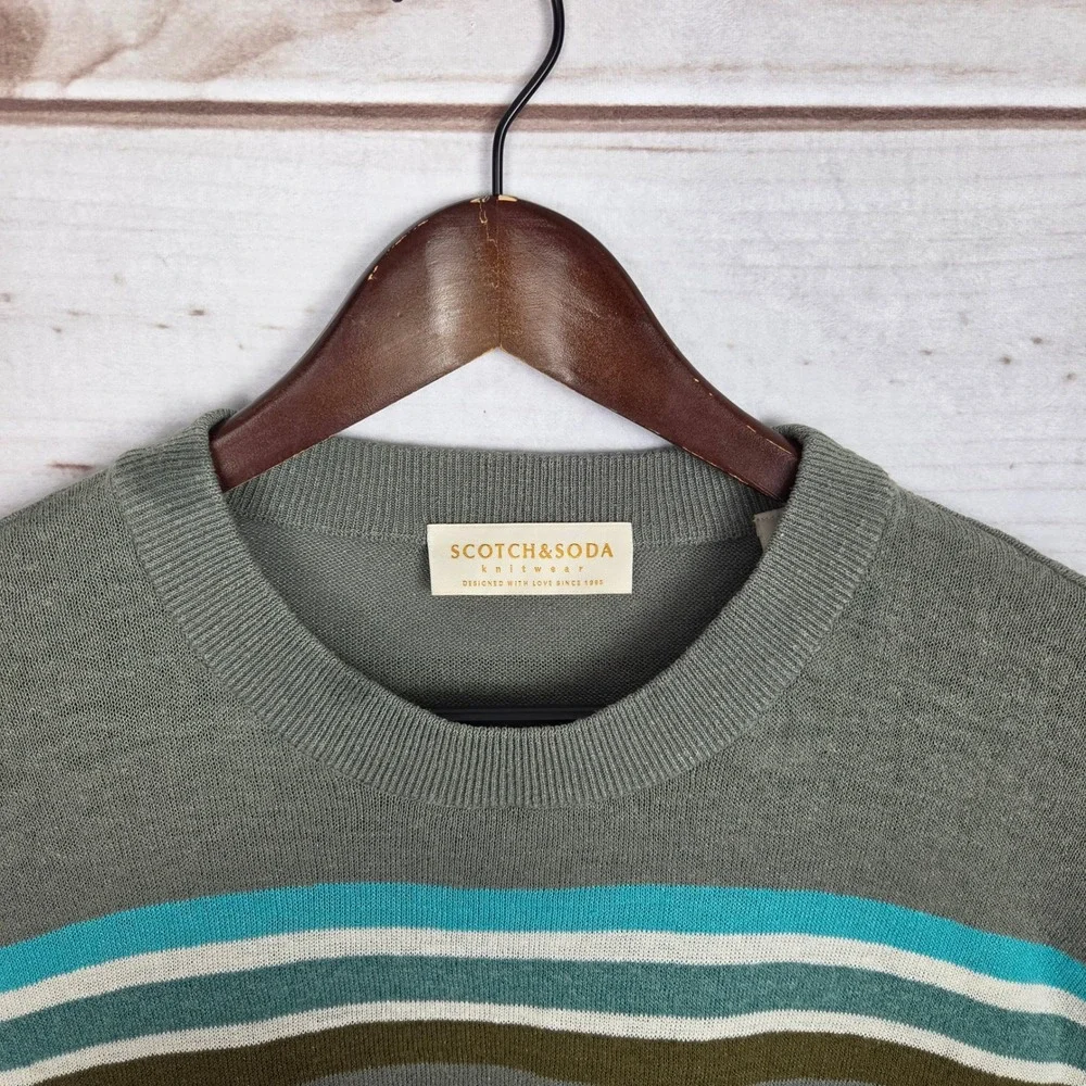 Scotch & Soda Knit Sweater Mens Medium Grey Striped Short Sleeve Linen Blend